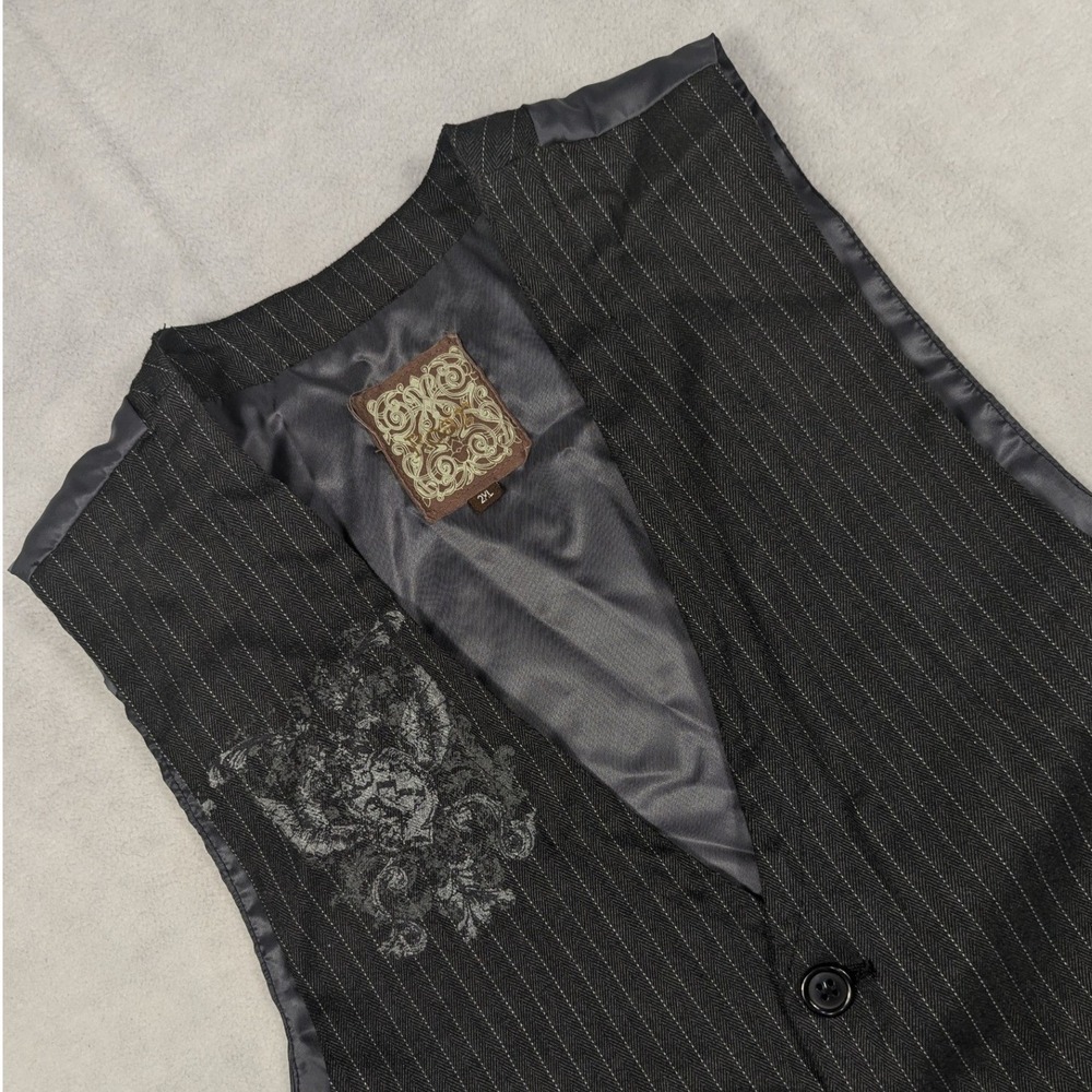 Roar Mens Pinstripe Vest Black Embroidered Graphic Crest Cinch Back 2XL